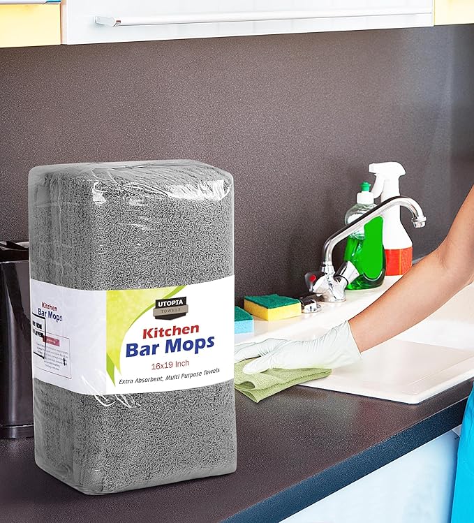 Utopia Towels Kitchen Bar Mops, Pack of 12, 16 by 19 Inches, 100% Cotton Super Absorbent Grey Towels, Multi-Purpose Cleaning Towels for Home and Kitchen Bars