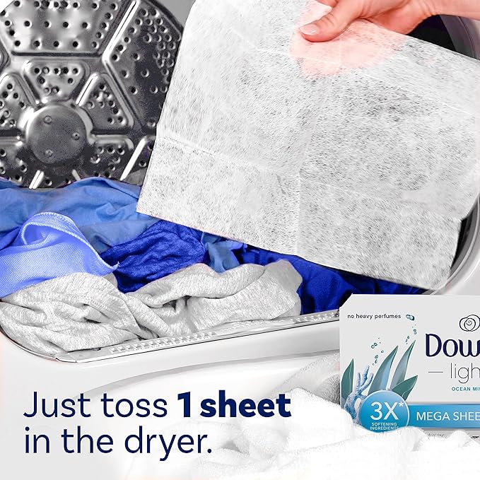 Downy Light Mega Dryer Sheets, Fabric Softener Dryer Sheets, Ocean Mist, 180 Count