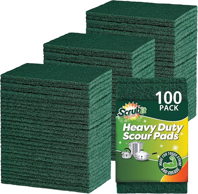 SCRUBIT Scouring Pad - Heavy Duty Scrub Pads for Cleaning Dishes - Non-Scratch Reusable Scrubbing - Green (100)