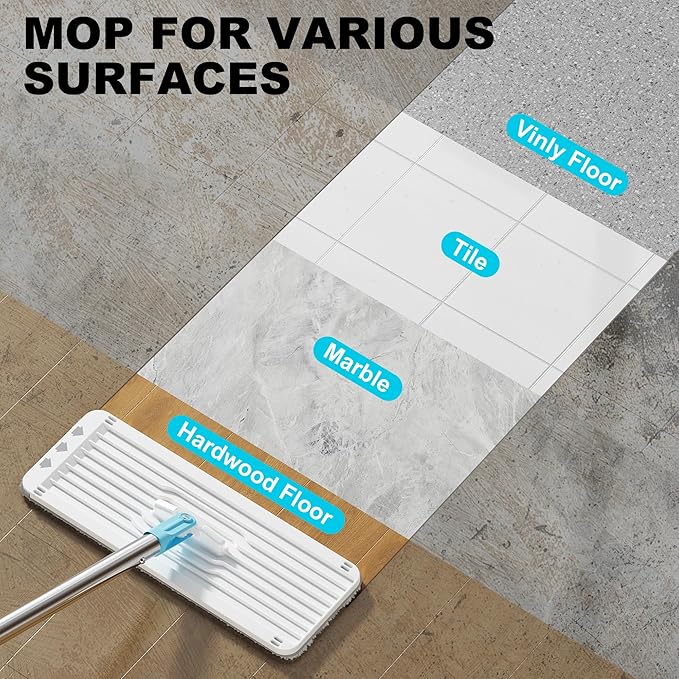 Mop and Bucket Set, Mops for Floor Cleaning Turquoise-Cyan, Wall Mop with Long Handle, Squeeze Flat Mop and Bucket System, Dry & Wet Dust Mop for Household Cleaning with 2 Microfiber Mops