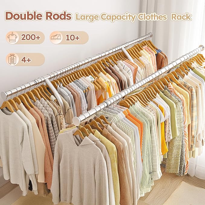 Raybee Clothing Rack Load 630 LBS, Clothes Racks for Hanging Clothes, Rolling Heavy Duty Clothing Rack, Metal Garment Rack for Clothes Storage Bedroom Closet Laundry Room