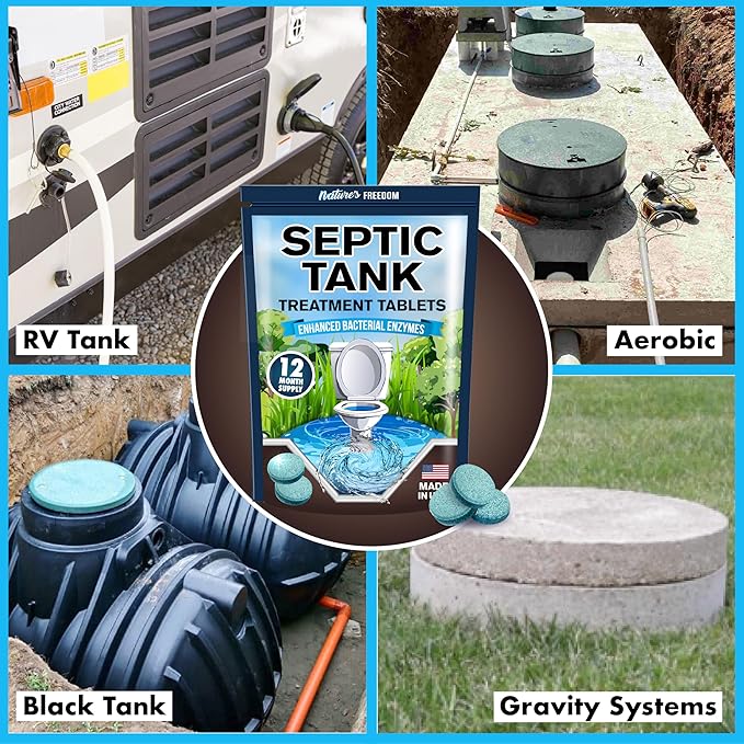 Nature's Freedom Septic Treatment Tablets – 1 Year Supply, Small Yet Powerful Enzyme Formula, Prevents Backups, Odors & Clogs, Made in the USA