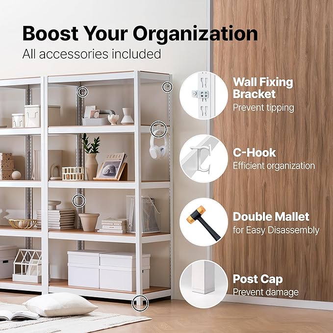 HOMEDANT House 36.2" W 5 Tier Heavy Duty Garage Shelving Adjustable Metal Rack Storage Shelves Standing Shelf Unit Organizers Pantry Closet Office White 1Pack