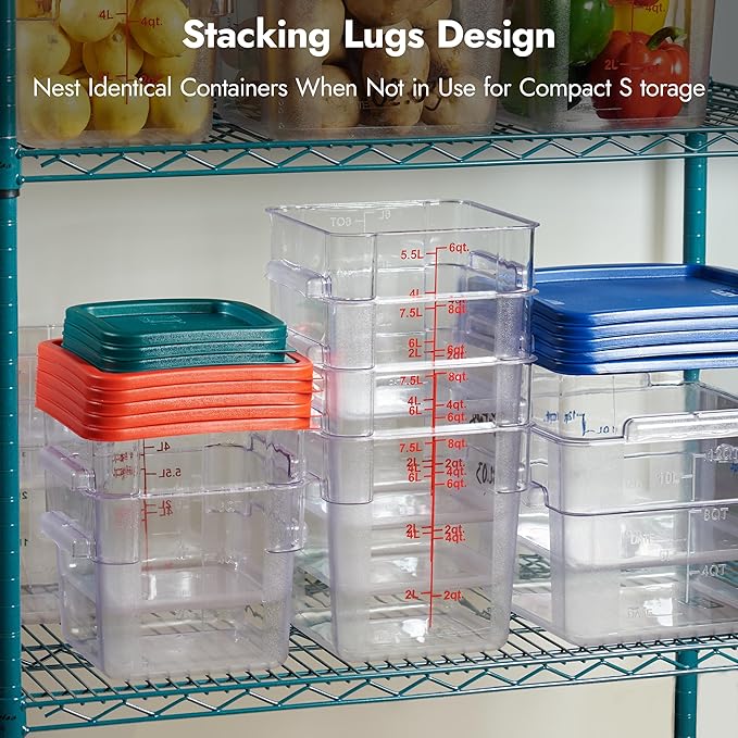 CURTA 4 Pack Food Storage Container with Red Lid - NSF Commercial Grade in 6.0 Qt - Square, Clear, Polycarbonate