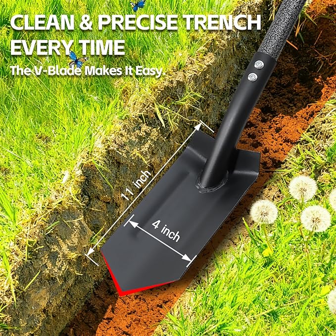 Trench Shovel for Digging, 4 inch V-Shape Narrow Trenching Spade, Heavy Duty Metal Garden Shovel Entrenching Tool for Edging Gardening Landscaping, 75 inch Adjustable Long Handle & Foot Rest Pedal
