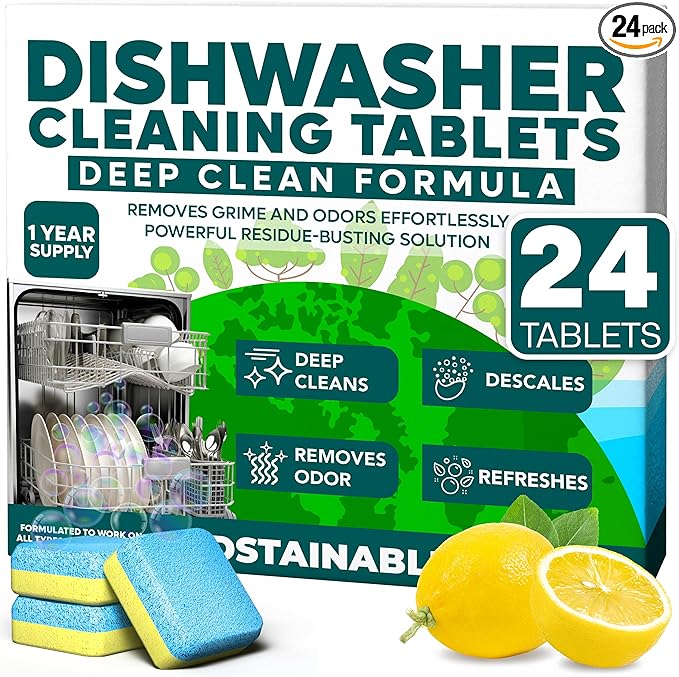 Sudstainables Dishwasher Cleaner and Deodorizer Tablets, 24 Pack – Dishwasher Cleaning Tablets for Odor and Buildup Removal, Descaler - 1-Year Supply