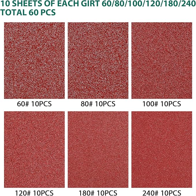 60PCS Triangular Sander Sandpaper, HYCHIKA Detail Sander Sandpaper Assorted 60/80/100/120/180/240 Grits with 6 Holes for Wood Sanding, Fit 3.92inch Qscillating Multi Tool Sander Machine
