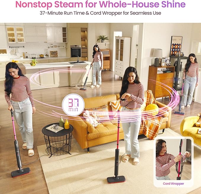 Schenley Steam Mop Cleaner Powerful - 15s Fast Heat-Up, Chemical-Free for Hardwood/Tile/Laminate & Floors/Walls, Washable Pads, 3 Modes for Carpet, Lightweight, Self-Standing, Sleek Design