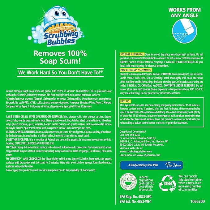 Scrubbing Bubbles Bathroom and Shower Cleaner Disinfectant Aerosol, Foaming Action Bathroom Grime Fighter, Floral Fusion Scent, 20oz