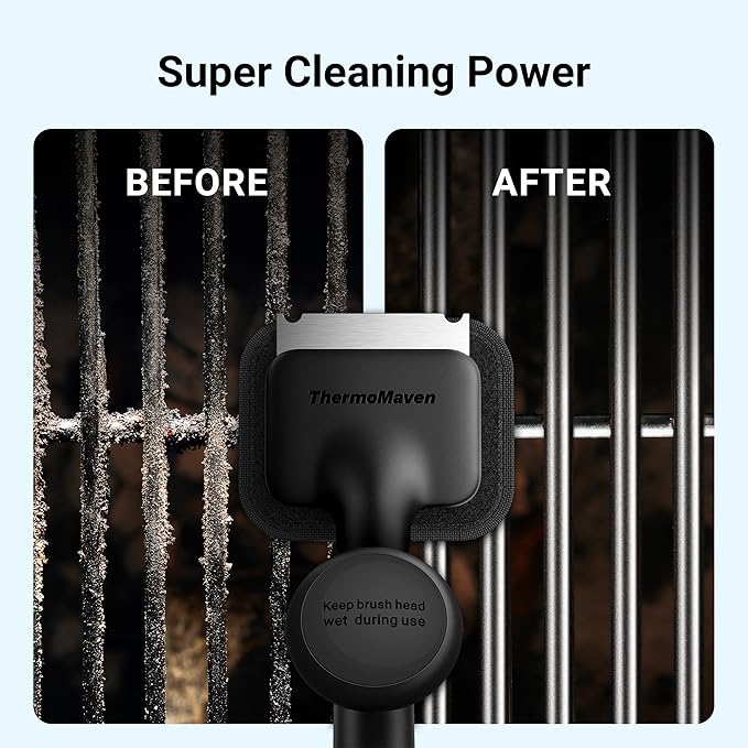 ThermoMaven Grill Brush Bristle Free with 3 Replacement Brush Heads, Steam Grill Brush with Scraper, Non Metal Bristles for Cast Iron, Stainless-Steel Grates, Safe for Non-Stick Surface, Black