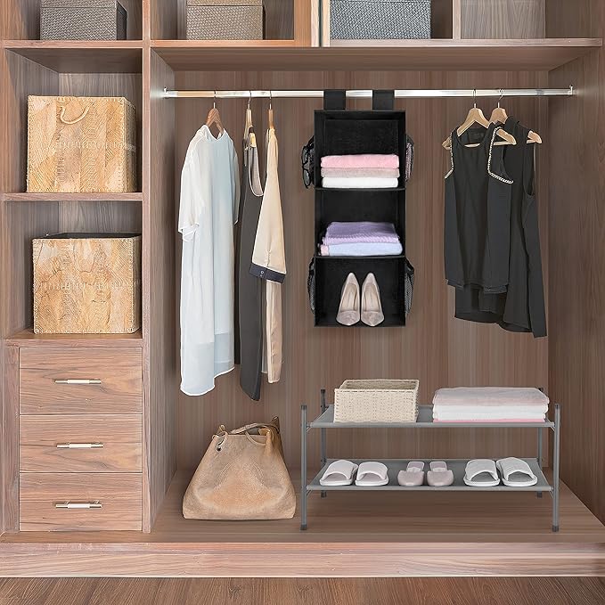 MAX Houser 3-Shelf Hanging Closet Organizers, Collapsible Closet Hanging Shelves for Camper, Nursery Hanging Organizers, Black, 2-Pack