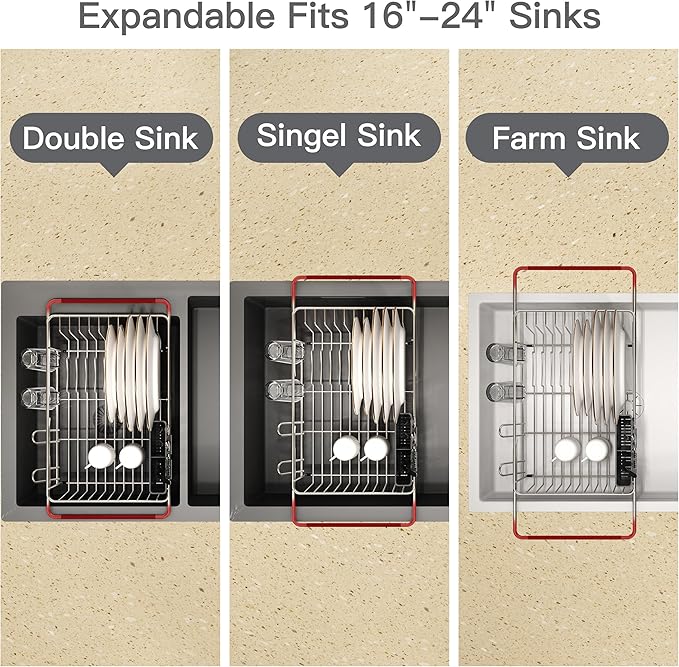 Over the Sink Expandable Dish Drainer Drying Rack In Stainless Steel for Small Kitchen, Counter Space Saving Modern Compact Metal Above Plate Dryer Strainer, Adjustable Hanging Inside Drain Holder