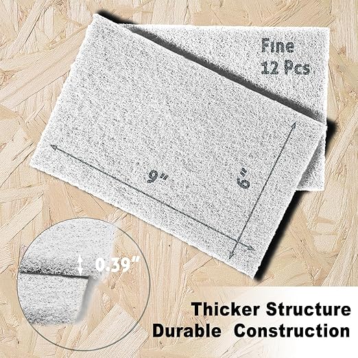 12-Pack 6"x9" Non-Woven Scuff Pads - Non-Abrasive for Post-scouring/Sanding Cleaning and Finishing, Paint Primer Prep - Automotive, Auto Body, Woodworking, Surface Preparation (White)