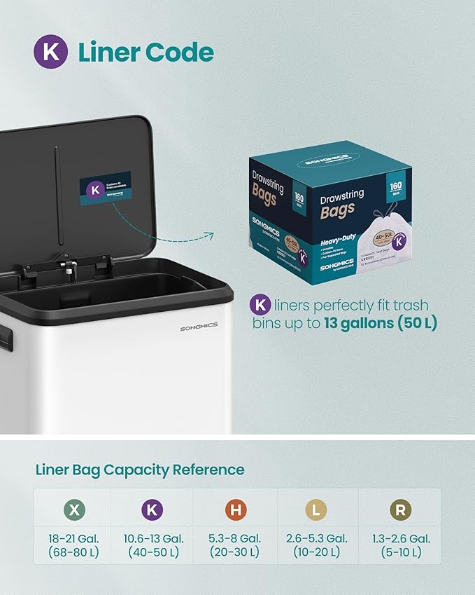 SONGMICS Trash Bags for 13-Gallon (50 L) Trash Cans, Drawstring Kitchen Garbage Bags, Pre-Separated, Quick-Dispense Box, Liner Code K, 4 Rolls, 160 Count, White UKRB051A04