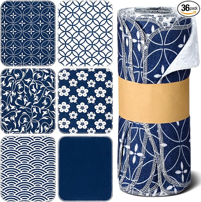 36 Pack Japanese Reusable Cleaning Cloths Washable Cotton Kitchen Towels for Home (Blue)