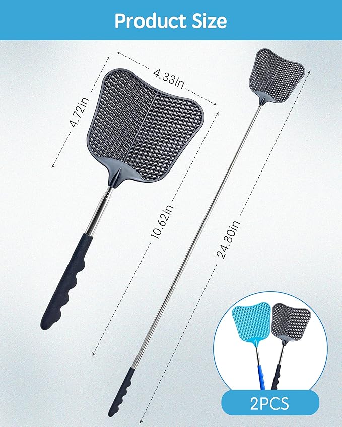 Fly Swatter Heavy Duty Set, with Durable Telescopic Stainless Steel Extendable Handles, for Home, Classroom and Office, 2Pcs, 2 Colors
