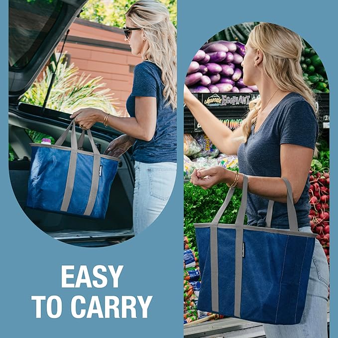 CleverMade EcoBasket 30L Collapsible Tote Basket – Reusable Grocery Tote That Stands Upright, Foldable Shopping Basket for Car Trunk Storage, Heavy Duty Utility Bag, 30 lb Capacity - Blue