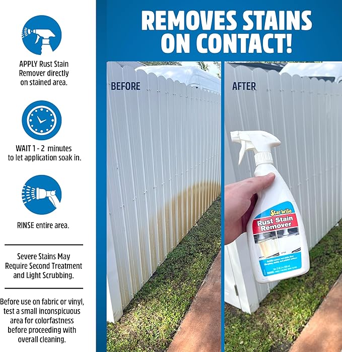 STAR BRITE Rust Stain Remover Spray - Instantly Dissolve Corrosion Stains on Fiberglass, Vinyl, Fabric, Metal & Painted Surfaces - Also Removes Sprinkler Stains - 22 Ounces (089222SS)