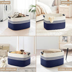 86L Extra Large Laundry Basket with Leather Handles for Living Room Storage, Woven Rope Baskets for Blanket, Kids Toy, Gifts, Wicker Hamper for Bedroom Dirty Clothes, 24"x16"x14" White Navy