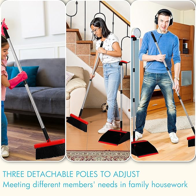 PHYEX 2-Pack Broom and Dustpan Combo Set, with 48" Adjustable Long Stainless Handles, Stand Up Dustpan with Self-Cleaning Teeth, Ideal for Home, Office, Kitchen, Indoor & Outdoor Use, Black