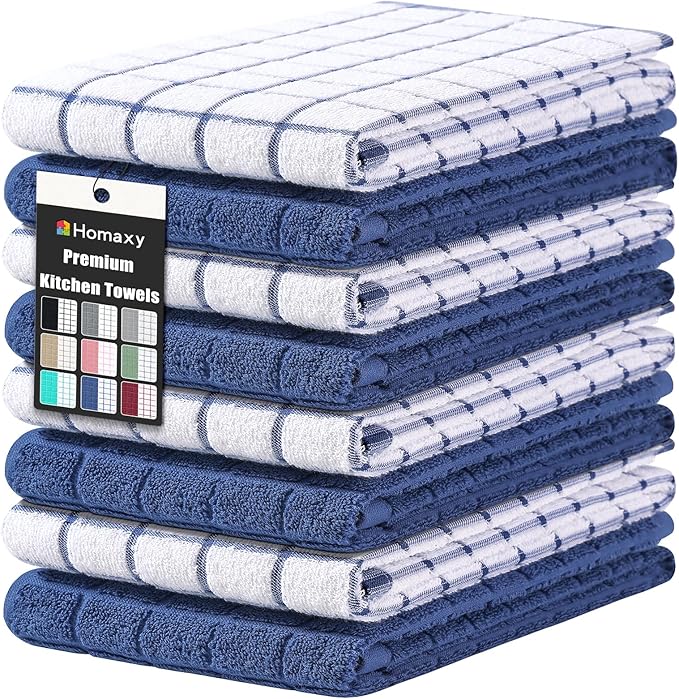 Homaxy Premium Cotton Kitchen Towels 16"x 28", Large Natural Ring Spun 390 GSM Dish Towels, Super Absorbent Terry Kitchen Hand Towels, Soft Tea Towel with Hanging Loop, Navy Blue Check Design, 8 Pack