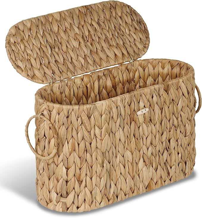 efluky Toilet Paper Storage Basket, Water Hyacinth Slim Toilet Paper Holder with Lid- Holds Up to 9 Mega Rolls, Home Bathroom Decor Organizer