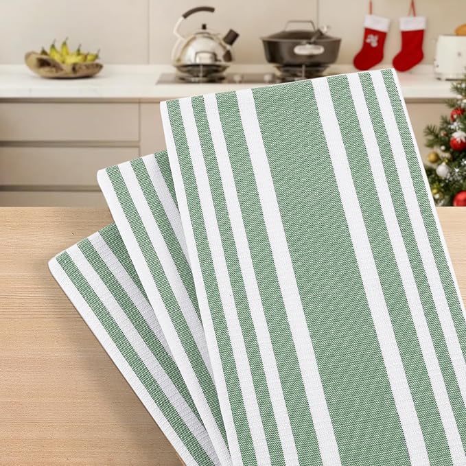 Homaxy Premium Kitchen Towels 18”x 28”, Large Cotton 380 GSM Kitchen Hand Towels, Stripe and Terry Dish Towel, Highly Absorbent Tea Towel Set with Hanging Loop, 8 Pack, Grass Green