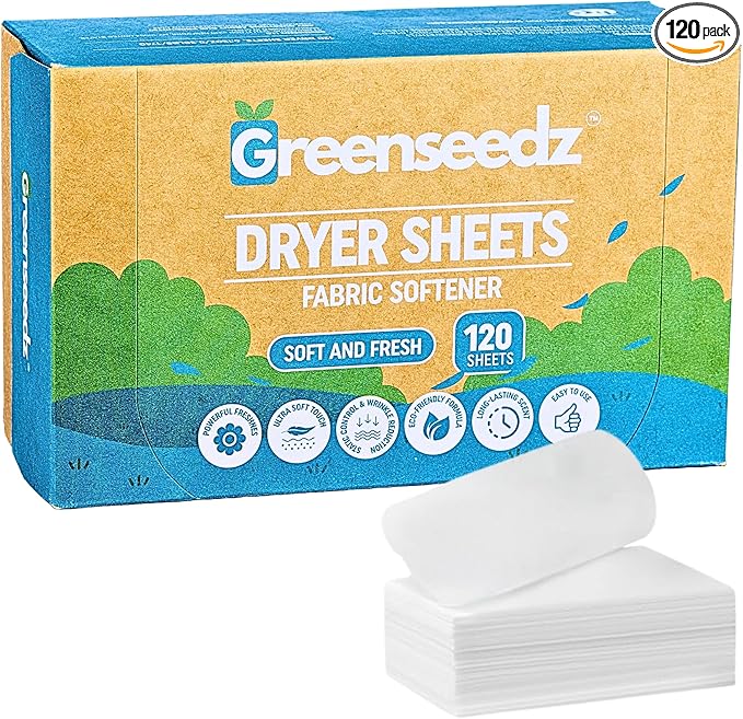 Greenseedz Dryer Sheets, 120 Count, Softens, Reduces Static & Freshens Laundry, Plastic-Free, Works with All Fabrics