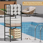 Towel Rack Free Standing 3-Tier M-Shaped Detachable Dividers, Durable Metal Holder, Pool Towel Rack, Space-Saving Towel Storage Organizer, Modern Bath Towel Shelf for Home, Poolside, Black
