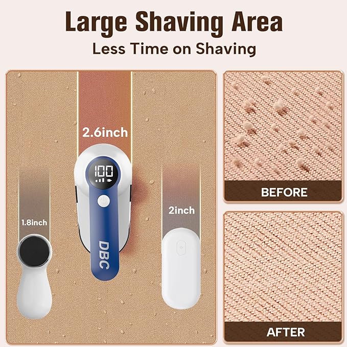 DBC Fabric Shaver with 15000r/Min Powerful Motor, LED Display, 3-Speeds, 6-Leaf Blades, Large Shaving Head Lint Remover for Clothes, Lint Ball, Furniture, Fuzz - Blue & White