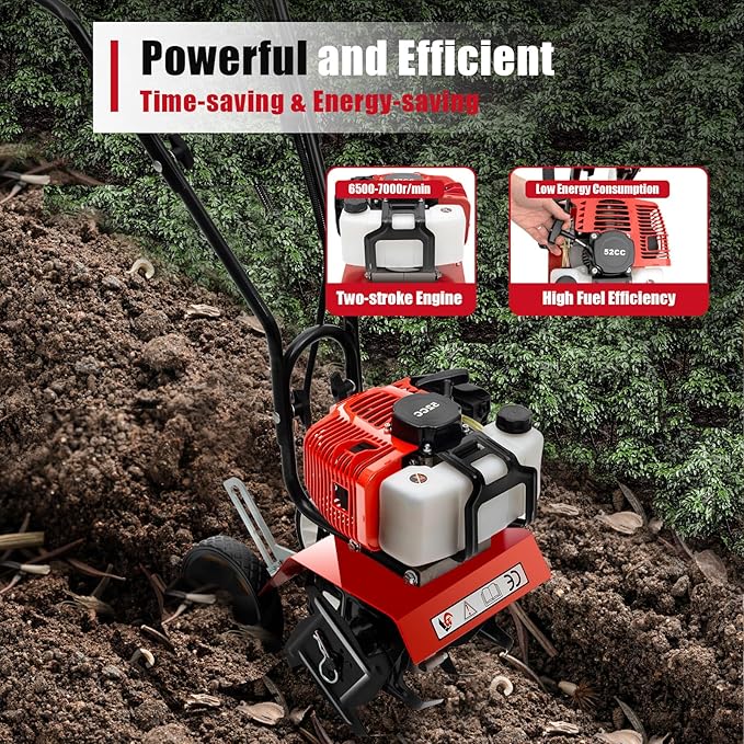 2-Stroke 52CC Mini Tiller Cultivator,Gasoline Power Garden Farmyard Tiller 1900W Soil Work Cultivator 6500rpm Yard Rototiller Tilling Tool for Ploughing, Furrowing, Tilling, Weeding
