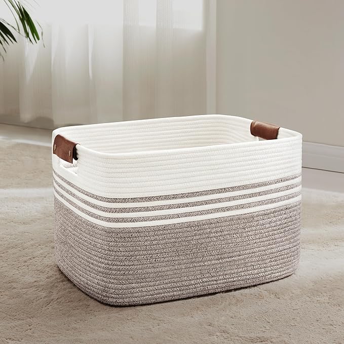 60L Large Laundry Basket with Leather Handles for Living Room Storage, Woven Rope Baskets Bin for Blanket, Kids Toy, Gifts, Wicker Hamper for Bedroom Dirty Clothes, 21"x15"x11" Dark Brown