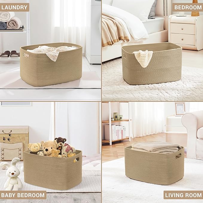 100L Extra Large Wicker Laundry Basket for Living Room Storage,Boho Woven Cotton Rope Baskets for Kids Toy,Gifts,Square Blanket Hamper for Bedroom Dirty Clothes,Jute