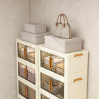 Plastic Stackable Storage Bins with Lids and Wheels, 358.4QT-89.6QT*4Tier Foldable Closet Organizers and Containers, Collapsible Clear Drawer Storage Cabinet with Doors Ivory White