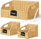 Pantry Organizers and Storage Basket for Organizing with Handles, Large Woven Storage Baskets for Shelves, Kitchen, Laundry, Waterproof Storage Bins for Fruit, Bread, Vegetable, 3Pack, Natural