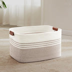 60L Large Laundry Basket with Leather Handles for Living Room Storage, Woven Rope Baskets Bin for Blanket, Kids Toy, Gifts, Wicker Hamper for Bedroom Dirty Clothes, White Brown