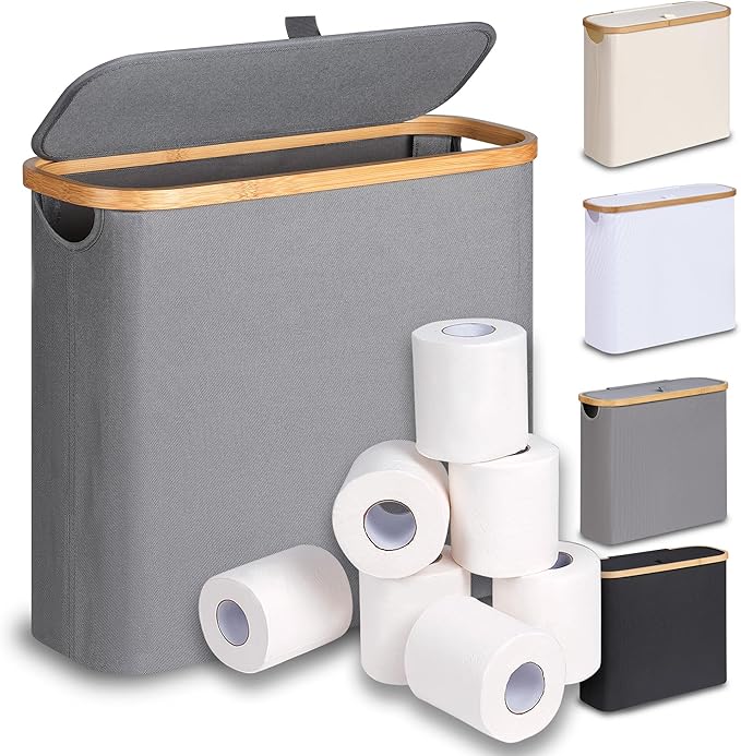 efluky Toilet Paper Basket 28L, Toilet Paper Storage with Lid for Bathroom, Free Standing Holder Organizer Holds Up to 9-12 Rolls, Grey
