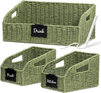 Wicker Baskets for Organizing,Pantry, Kitchen Counter with Handles, Handwoven Woven Storage Baskets for Fruit, Bread, Vegetable, Paper Storage Bins for Shelves, 3 Pack, Green