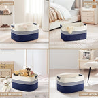 60L Large Laundry Basket with Leather Handles for Living Room Storage, Woven Rope Baskets Bin for Blanket, Kids Toy, Gifts, Wicker Hamper for Bedroom Dirty Clothes, 21"x15"x11" White Navy