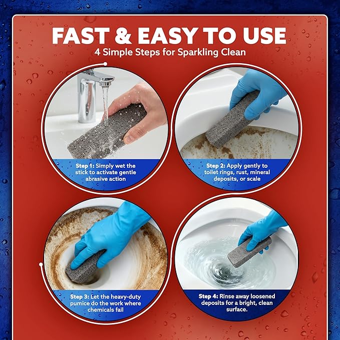 PUMIE Heavy Duty Pumice Scouring Stick (4 Pack) - Extra Strong Pumice Cleaning Stone for Bathroom, Kitchen, Grill - Scouring Stick for Cleaning Pool, Rust, Stains & Hard Water Rings