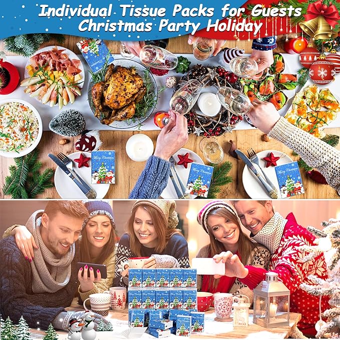 60 Pack Christmas Pocket Tissues 600 Sheets Merry Xmas Travel Packs 3 Ply Unscented Small Mini Individual Portable Travel Tissue Pack with Unique Embossing for Purse Holiday Party Travel