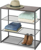 Whitmor Wood & Metal 4 Tier Shelf, Dark Walnut Top & Metal Mesh Shelves, 11.8"L x 24.8"W x 25"H, Freestanding