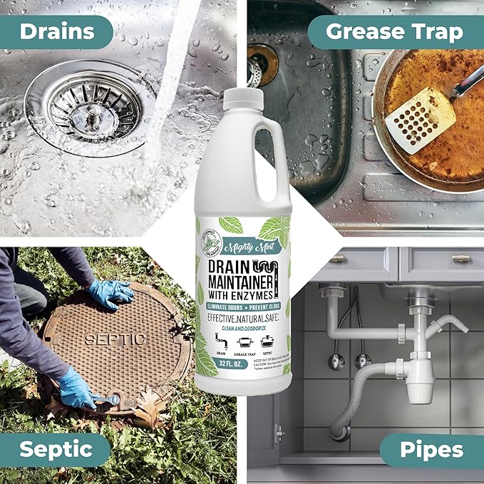Mighty Mint Drain Maintainer with Enzymes – Drain Cleaner Controls Bad Smells and Prevents Buildup for Drains, Grease Traps, Septic, 32oz