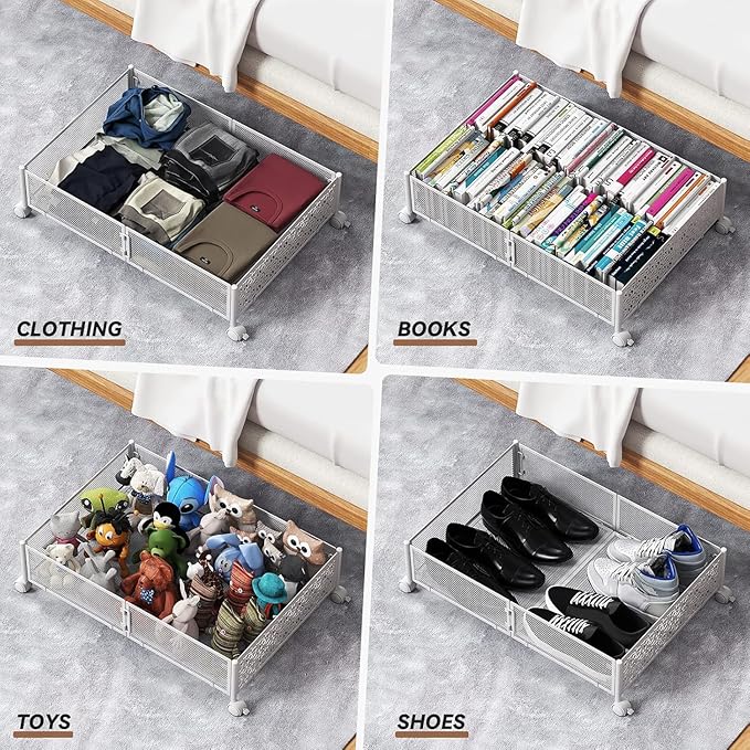 PHINOX Under Bed Storage, Under the Bed Storage Containers with Wheels, Under Bed Shoe Storage Organizer Drawer for Bedroom Clothes Shoes Blankets -4Pack