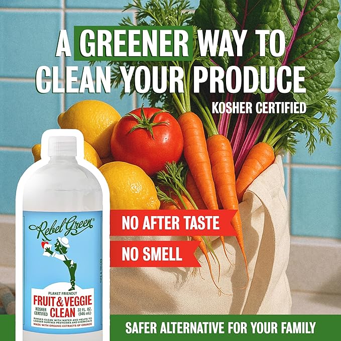 Rebel Green Fruit & Veggie Clean - Plant-Based Produce Cleaner - Natural Fruit & Vegetable Wash with No Aftertaste - Chemical & Wax Removal - 16 Fluid Ounces Bottle & 64 Fluid Ounces Bottle