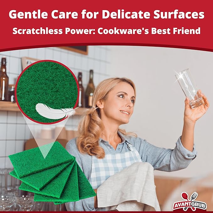 Green Sustainable 20 Pack Cleaning Scour Pads by Avant Grub. Powerful Stain Remover for Cookware. Easily Remove Grease and Residues. Eco-Friendly Solution for Kitchen Cleaning.