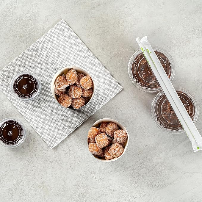 Restaurantware Bio Tek 12 Ounce French Fry Containers 100 Disposable Charcuterie Cups - Incline Design Round Striped Paper French Fry Cups Stackable For Waffles Chips or Popcorn