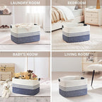 60L Large Laundry Basket with Leather Handles for Living Room Storage, Woven Rope Baskets Bin for Blanket, Kids Toy, Gifts, Wicker Hamper for Bedroom Dirty Clothes, 21"x15"x11" Denim Blue