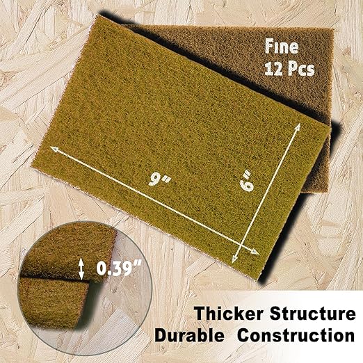 12-Pack 6"x9" Non-Woven Scuff Pads - Gold P150 Aluminum Oxide Abrasive for Scouring, Sanding, Paint Primer Prep - Automotive, Auto Body, Woodworking, Surface Preparation (Gold)