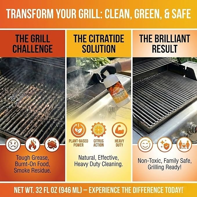 CITRATIDE Grill & Oven Cleaner Spray – Heavy Duty Plant-Based Citrus Degreaser Cleans and Degreases BBQ Cooking Grates and Racks, Pellet and Electric Smokers– Non-Toxic, USA Made (32 fl oz)
